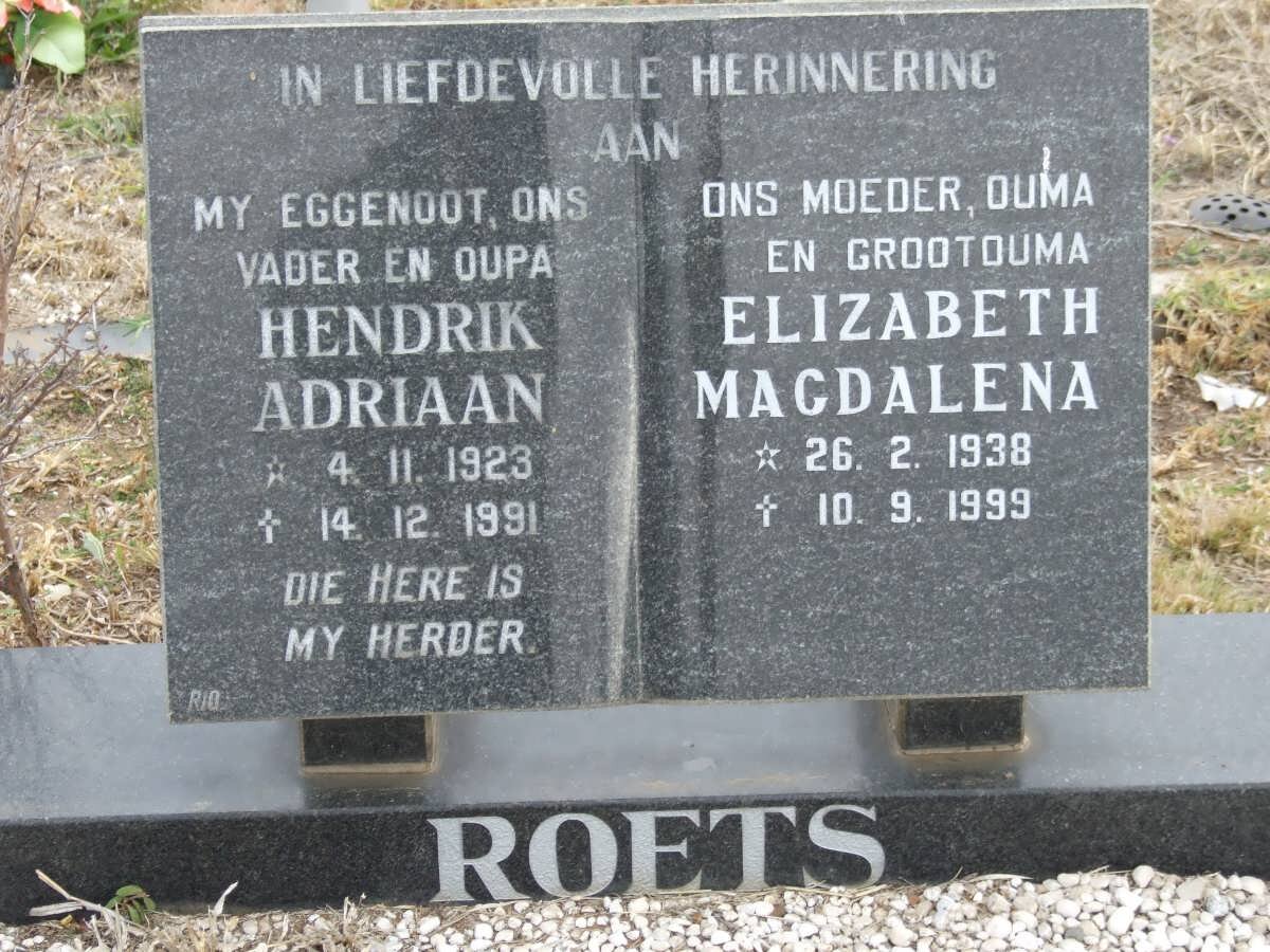 ROETS Hendrik Adriaan 1923-1991 &amp; Elizabeth Magdalena 1938-1999
