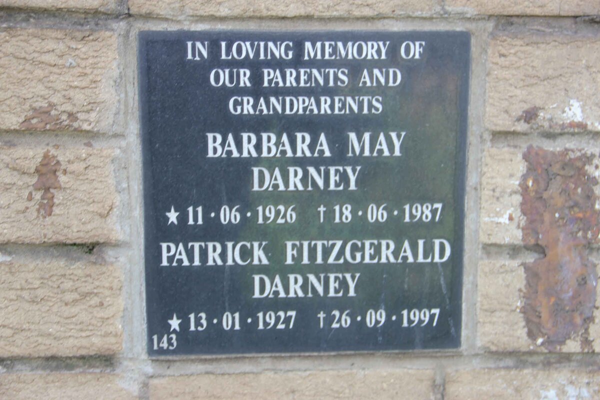 DARNEY Patrick Fitzgerald 1927-1997 &amp; Barbara May 1926-1987