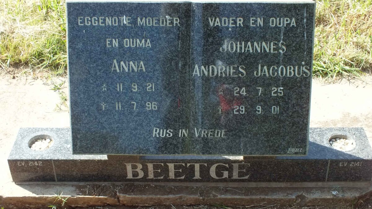 BEETGE Johannes Andries Jacobus 1925-2001 &amp; Anna 1921-1996