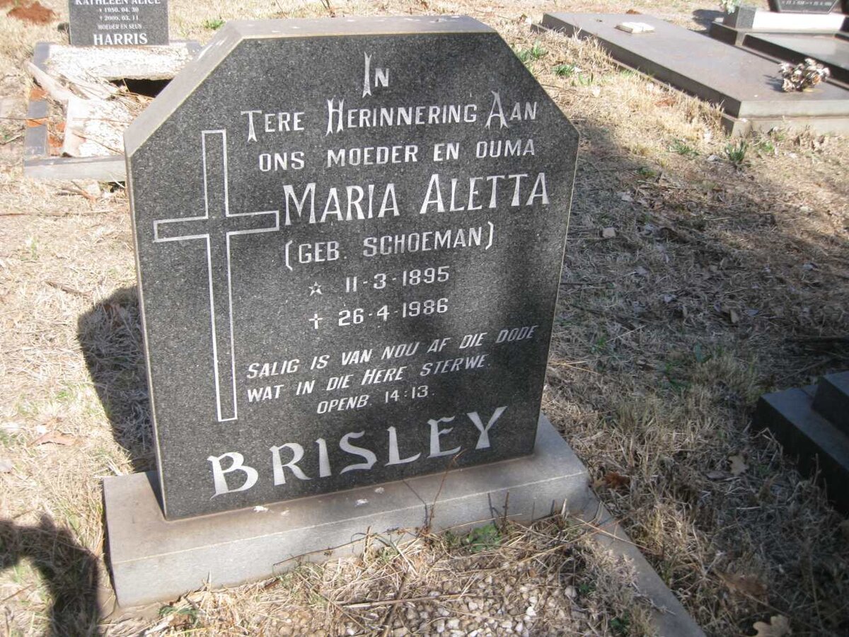 BRISLEY Maria Aletta nee SCHOEMAN 1895-1986