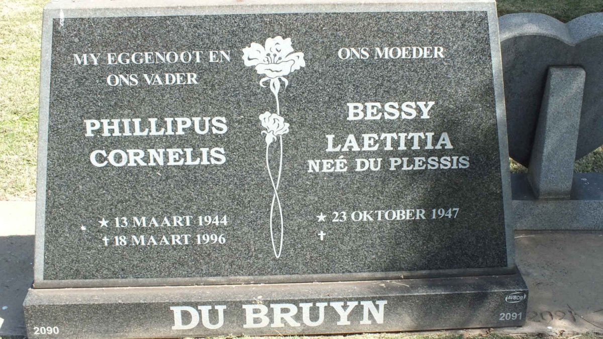 BRUYN Phillipus Cornelis, du 1944-1996 &amp; Bessy Laetitia DU PLESSIS 1947-