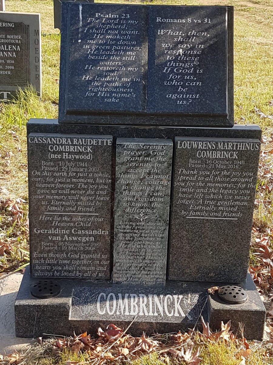 COMBRINCK Louwrens Marthinus 1940-2016 &amp; Cassandra Raudette HAYWOOD 1944-2007