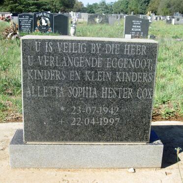 COX Alletta Sophia Hester 1942-1997