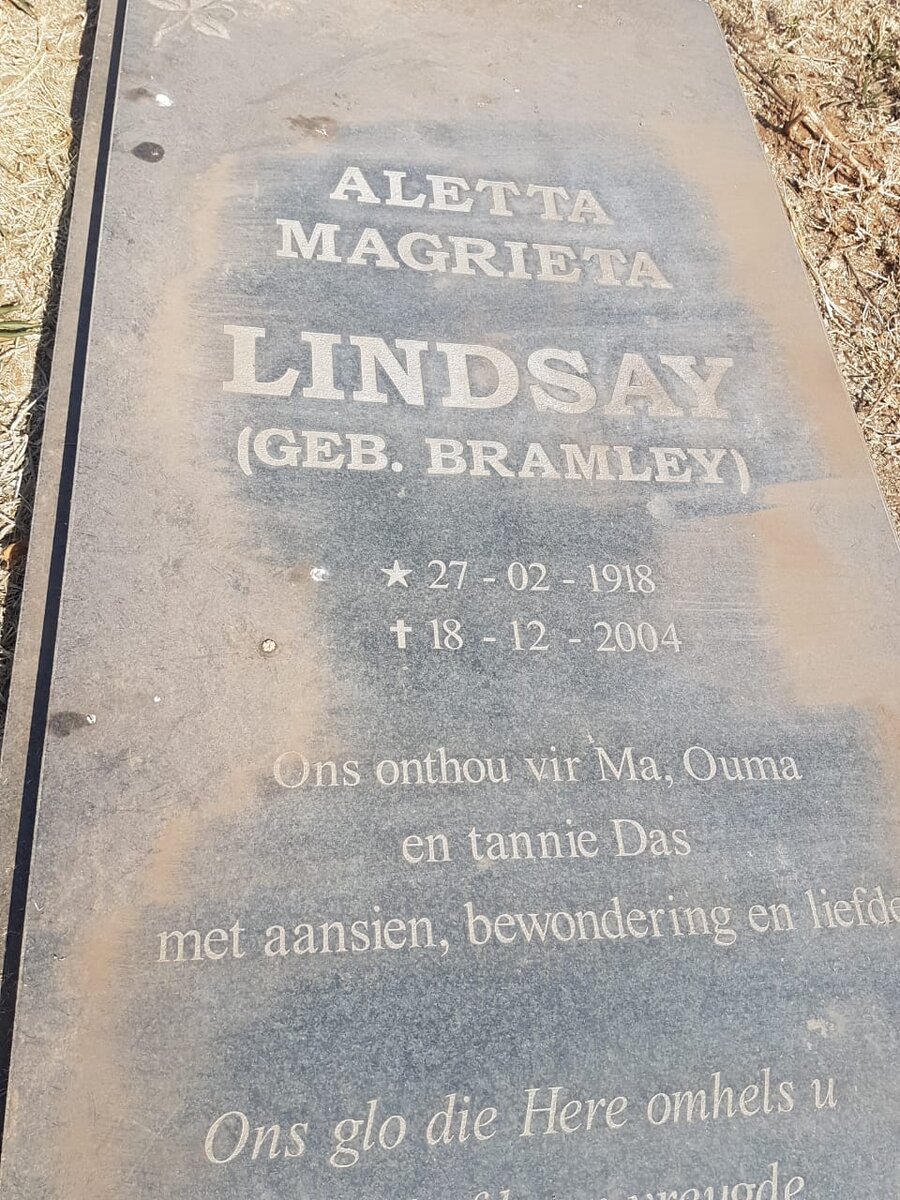 LINDSAY Aletta Magrieta nee BRAMLEY 1918-2004