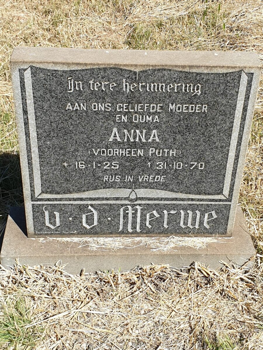 MERWE Anna, van der formerly PUTH 1925-1970