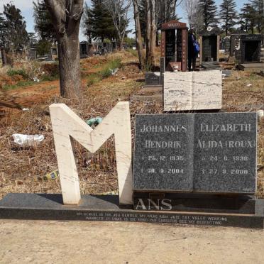 MANS Johannes Hendrik 1935-2004 &amp; Elizabeth Alida ROUX 1938-2000