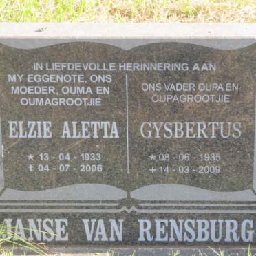 RENSBURG Gysbertus, Janse van 1935-2009 &amp; Elzie Aletta 1933-2006