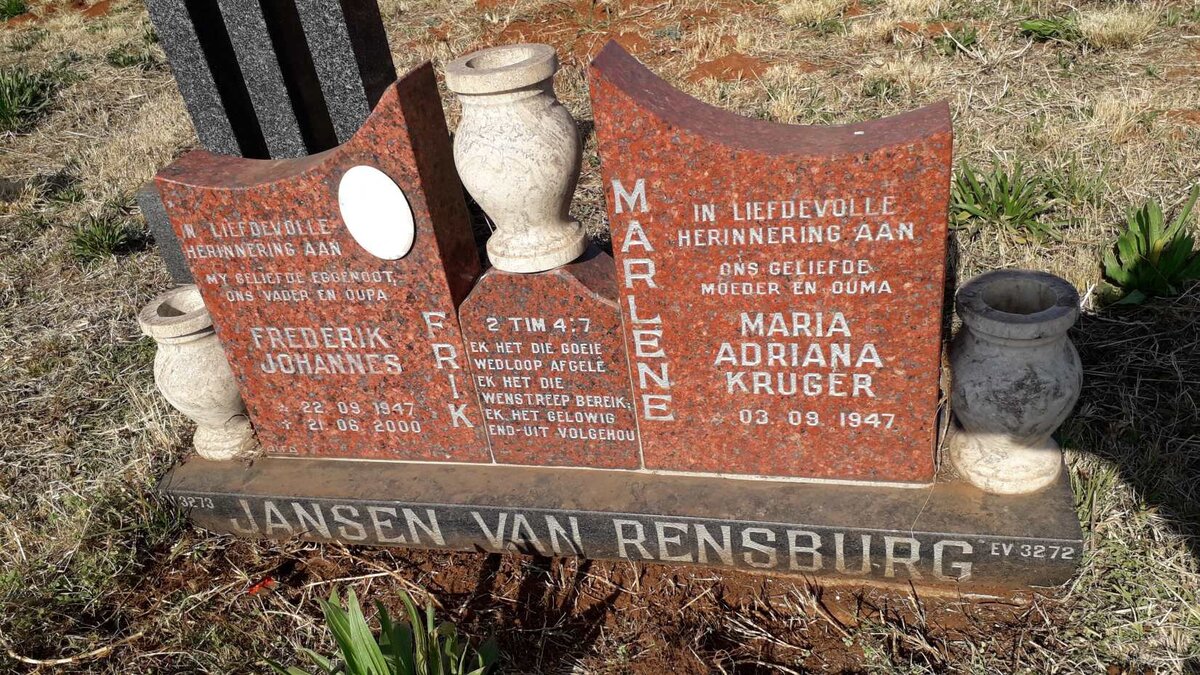 RENSBURG Frederik Johannes, Janse van 1947-2000 & Maria Adriana KRUGER 1947- 