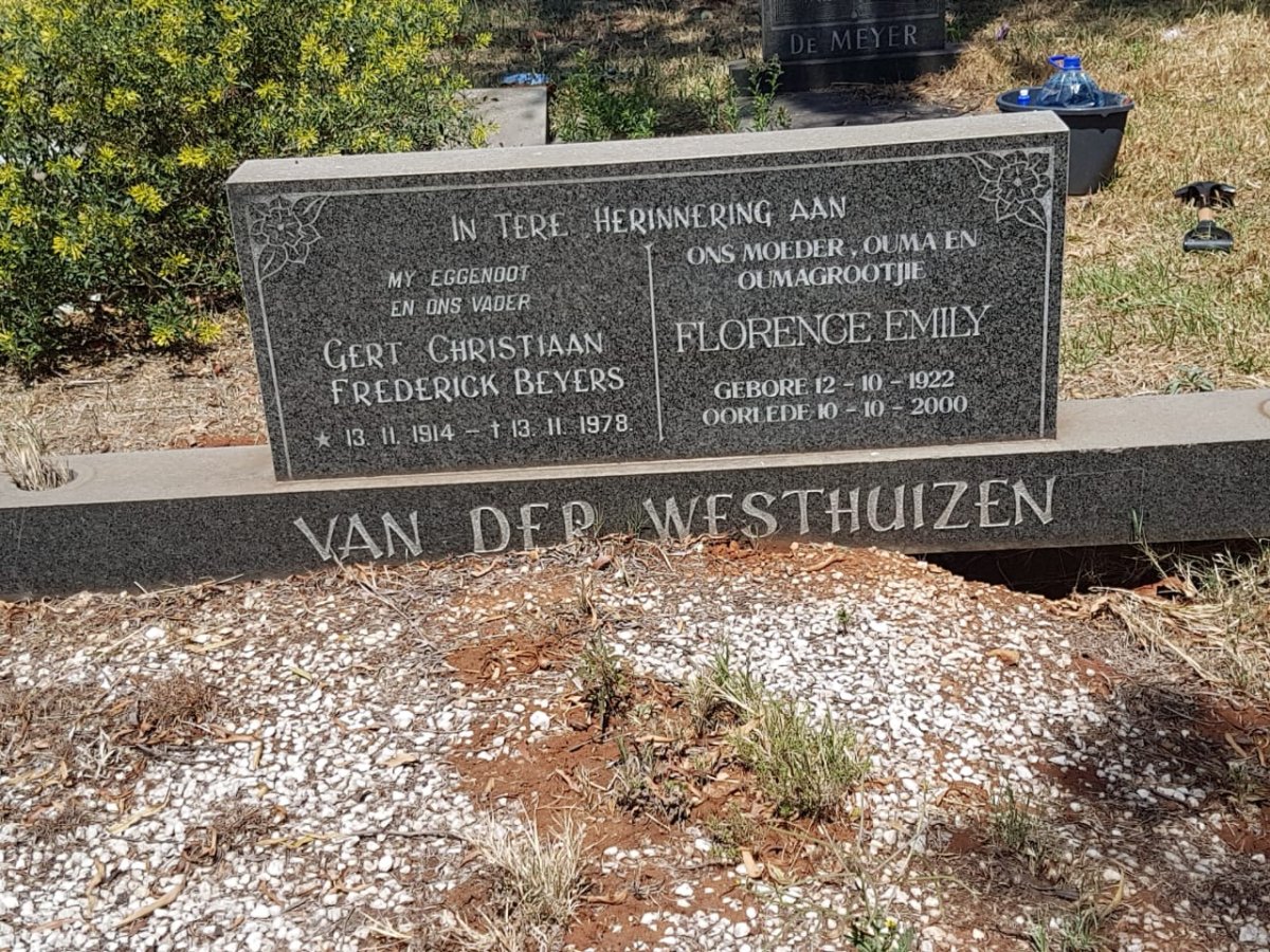 WESTHUIZEN Gert Christiaan Frederick Beyers, van der 1914-1978 &amp; Florence Emily 1922-2000
