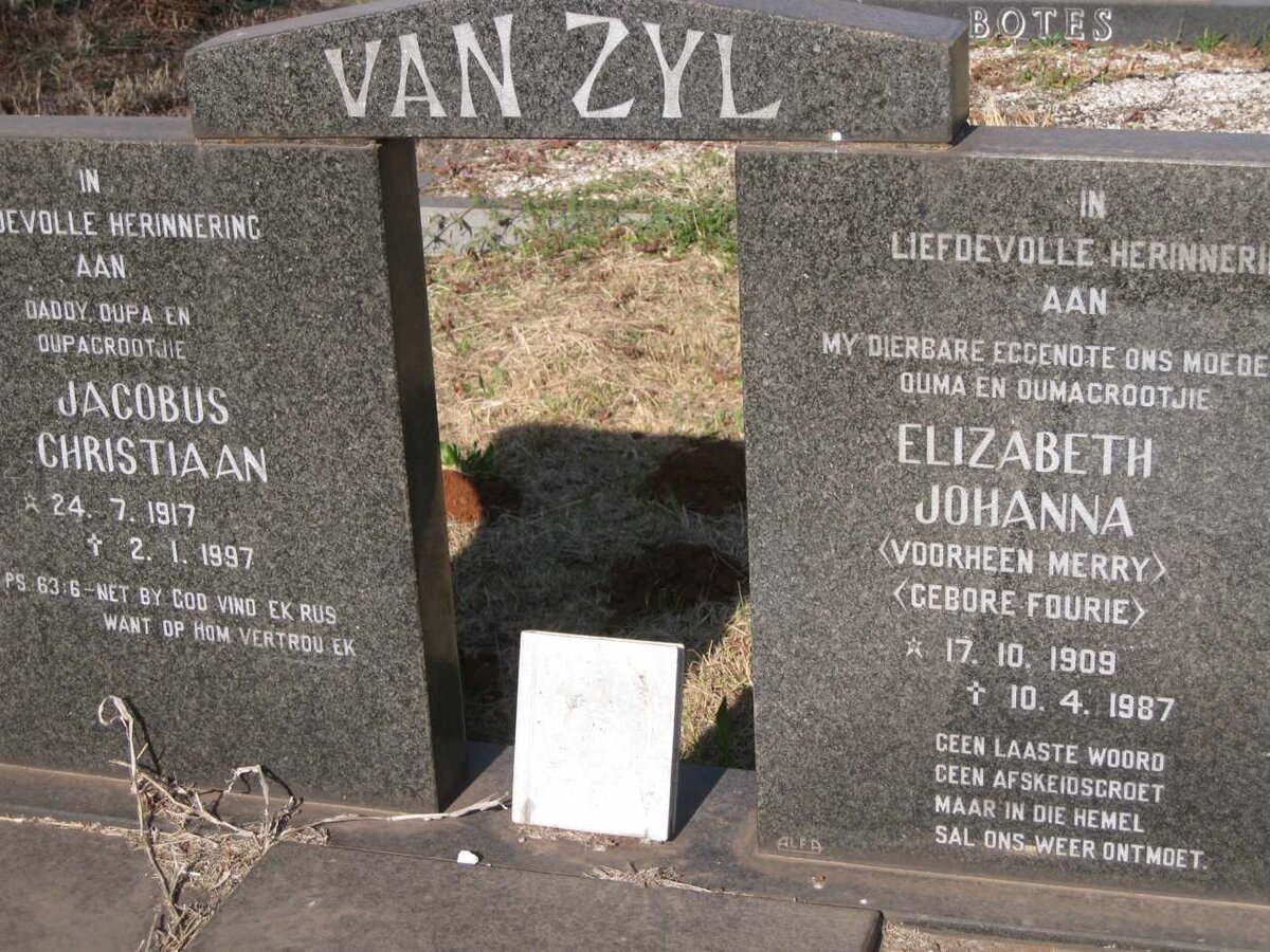 ZYL Jacobus Christiaan, van 1917-1997 & Elizabeth Johanna voorheen MERRY nee FOURIE 1909-1987