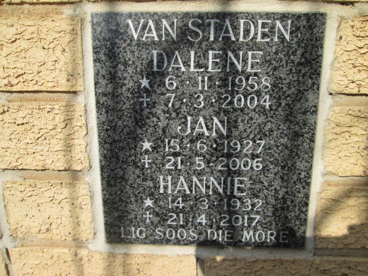 STADEN Jan, 1927-2006 &amp; Hannie 1932-2017 :: VAN STADEN Dalene 1958-2004