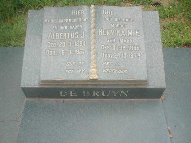 BRUYN Albertus J., de 1884-1957 &amp; Hermina M.E. MARX 1885-1974