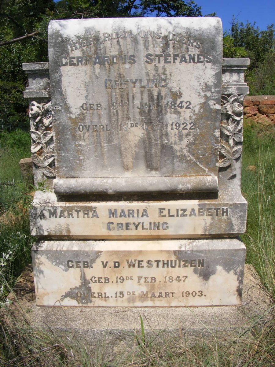 GREYLING Gerhardus Stefanes 1842-1922 &amp; Martha Maria Elizabeth V.D. WESTHUIZEN 1847-1903