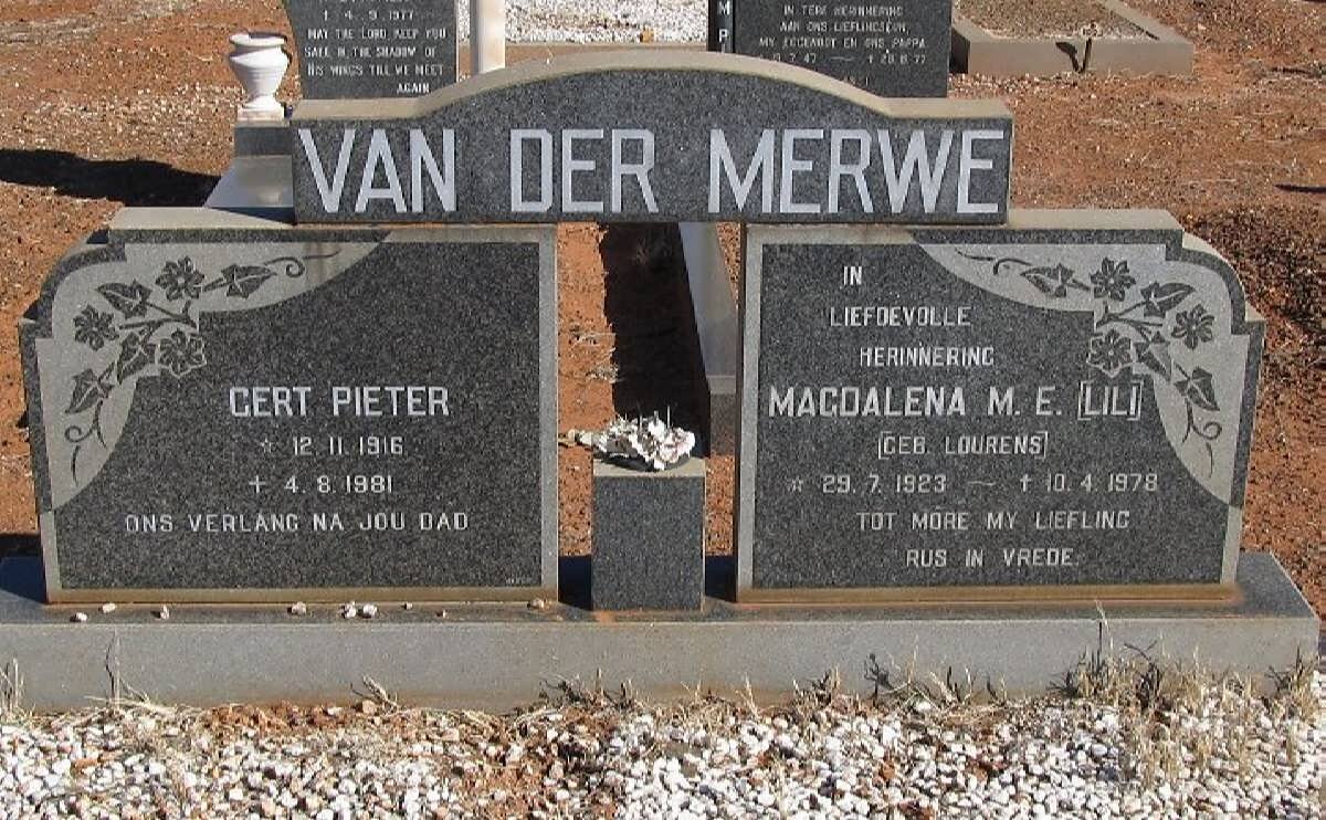 MERWE Gert Pieter, van der 1916-1981 &amp; Magdalena M.E. LOURENS 1923-1978
