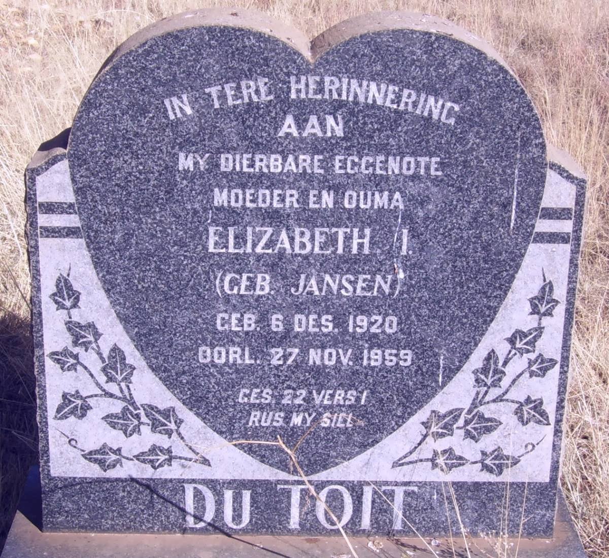 TOIT Elizabeth, du nee JANSEN 1920-1959