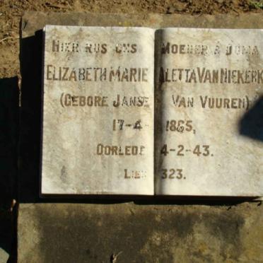 NIEKERK Elizabeth Marie Aletta, van nee JANSE VAN VUUREN 1865-1943