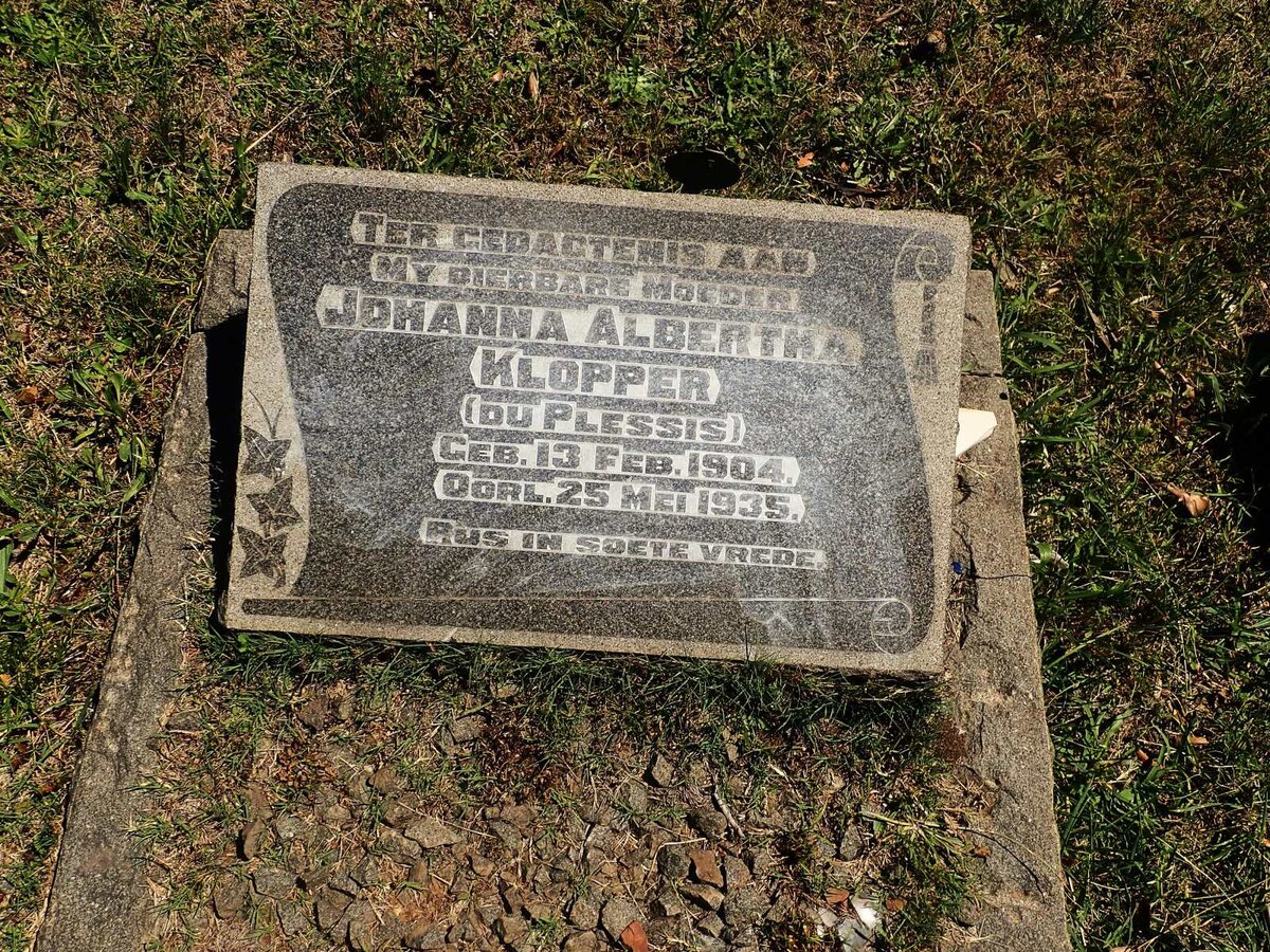 KLOPPER Johanna Albertha nee DU PLESSIS 1904-1935
