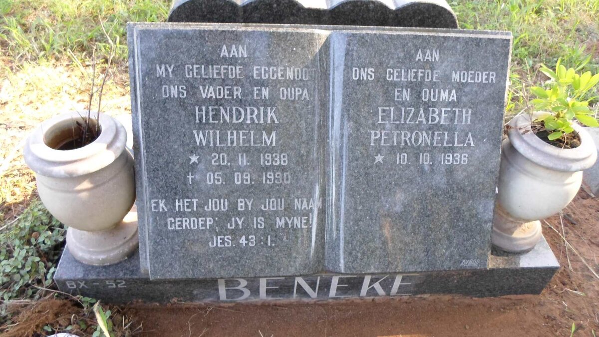 BENEKE Hendrik Wilhelm 1938-1990 &amp; Elizabeth Petronella 1936-