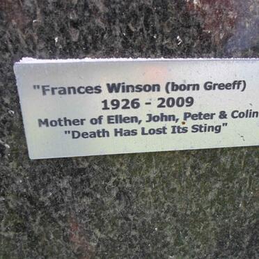 WINSON Francis nee GREEFF 1926-2009