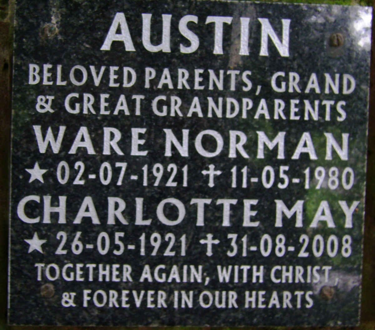AUSTIN Ware Norman 1921-1980 &amp; Charlotte May 1921-2008