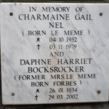 BOCKSROCKER Daphne Harriet former LE MEME nee FORBES 1934-2002 :: NEL Charmaine Gail nee LE MEME 1952-1979
