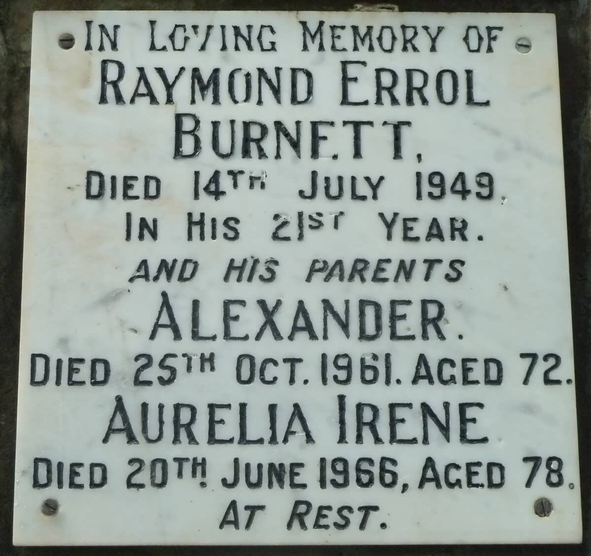 BURNETT Alexander -1961 &amp; Aurelia Irene -1966 :: BURNETT Raymond Errol -1949