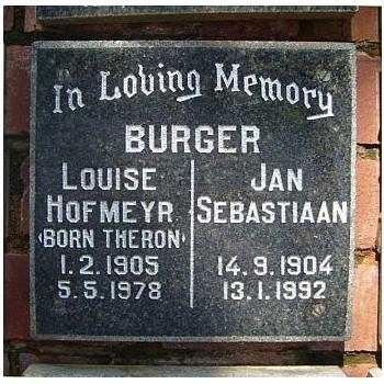 BURGER Jan Sebastiaan 1904-1992 &amp; Louise Hofmeyr THERON 1905-1978