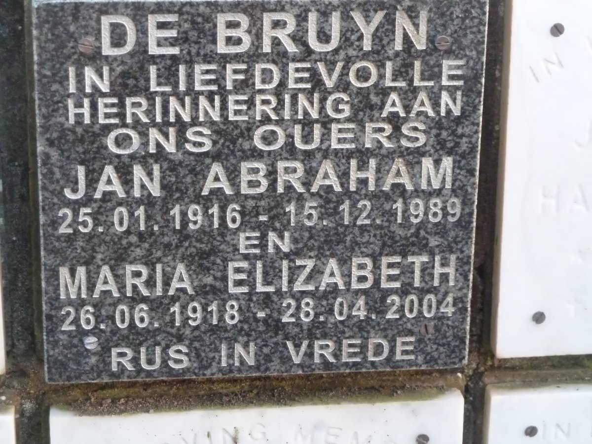 BRUYN Jan Abraham, de 1916-1989 &amp; Maria Elizabeth 1918-2004