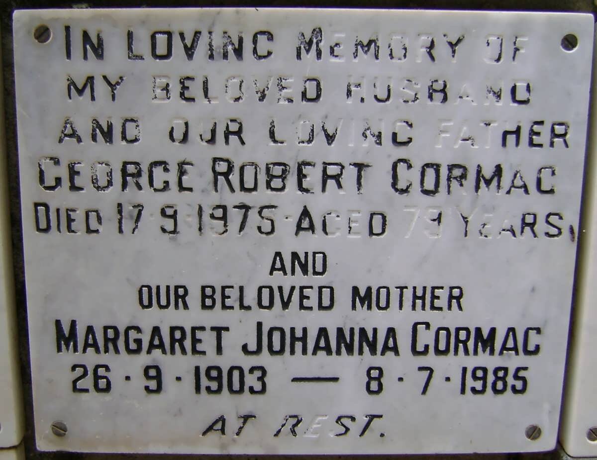 CORMAC George Robert -1975 &amp; Margaret Johanna 1903-1985