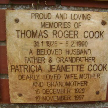 COOK Thomas Roger 1926-1990 &amp; Patricia Jeanette 1929-1997