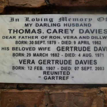 DAVIES Thomas Carey 1879-1962 &amp; Gertrude 1882-1971 :: DAVIES Vera Gertrude 1907-2003