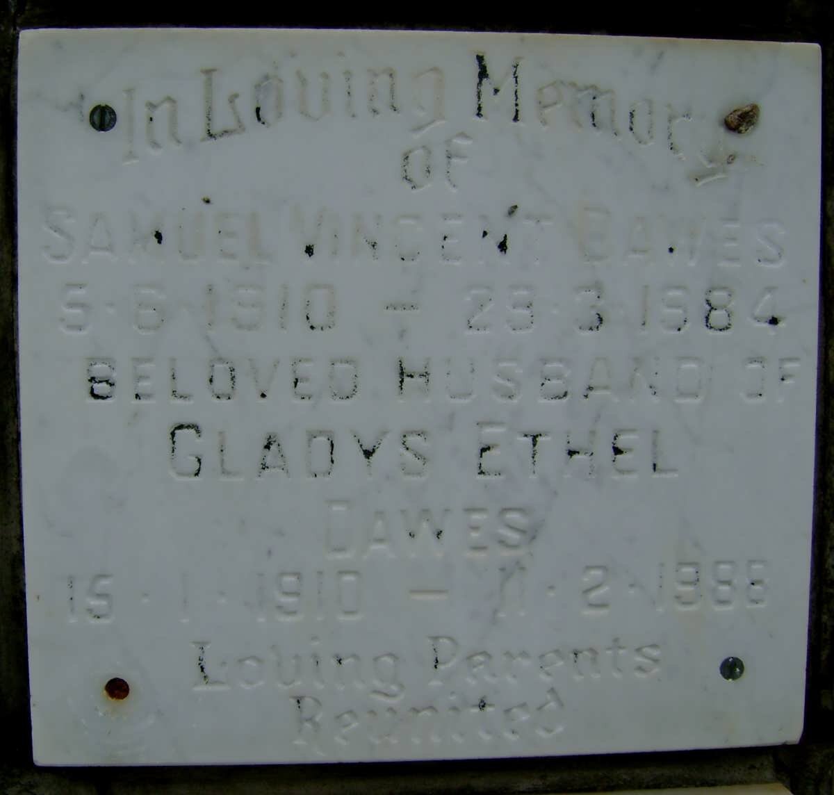 DAWES Samuel Vincent 1910-1984 &amp; Gladys Ethel 1910-1988