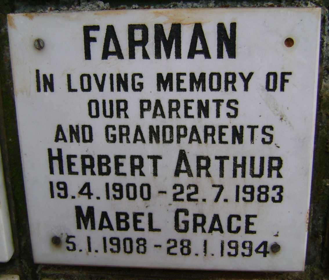 FARMAN Herbert Arthur 1900-1983 &amp; Mabel Grace 1908-1994