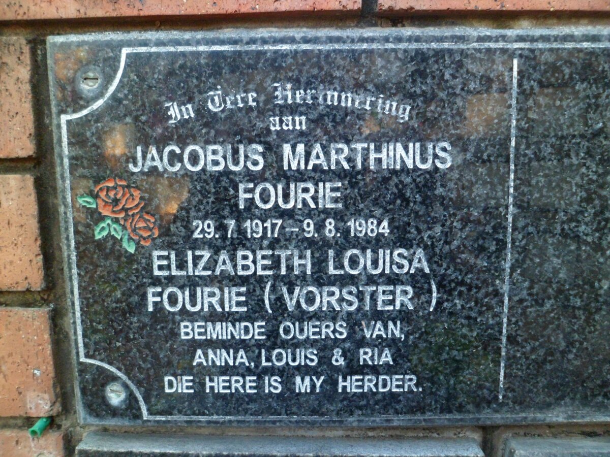 FOURIE Jacobus Marthinus 1917-1984 &amp; Elizabeth Louisa VORSTER