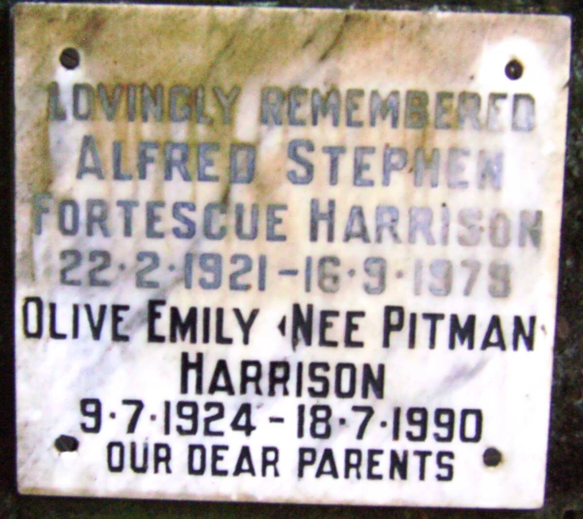HARRISON Alfred Stephen Fortescue 1921-1979 &amp; Olive Emily PITMAN 1924-1990