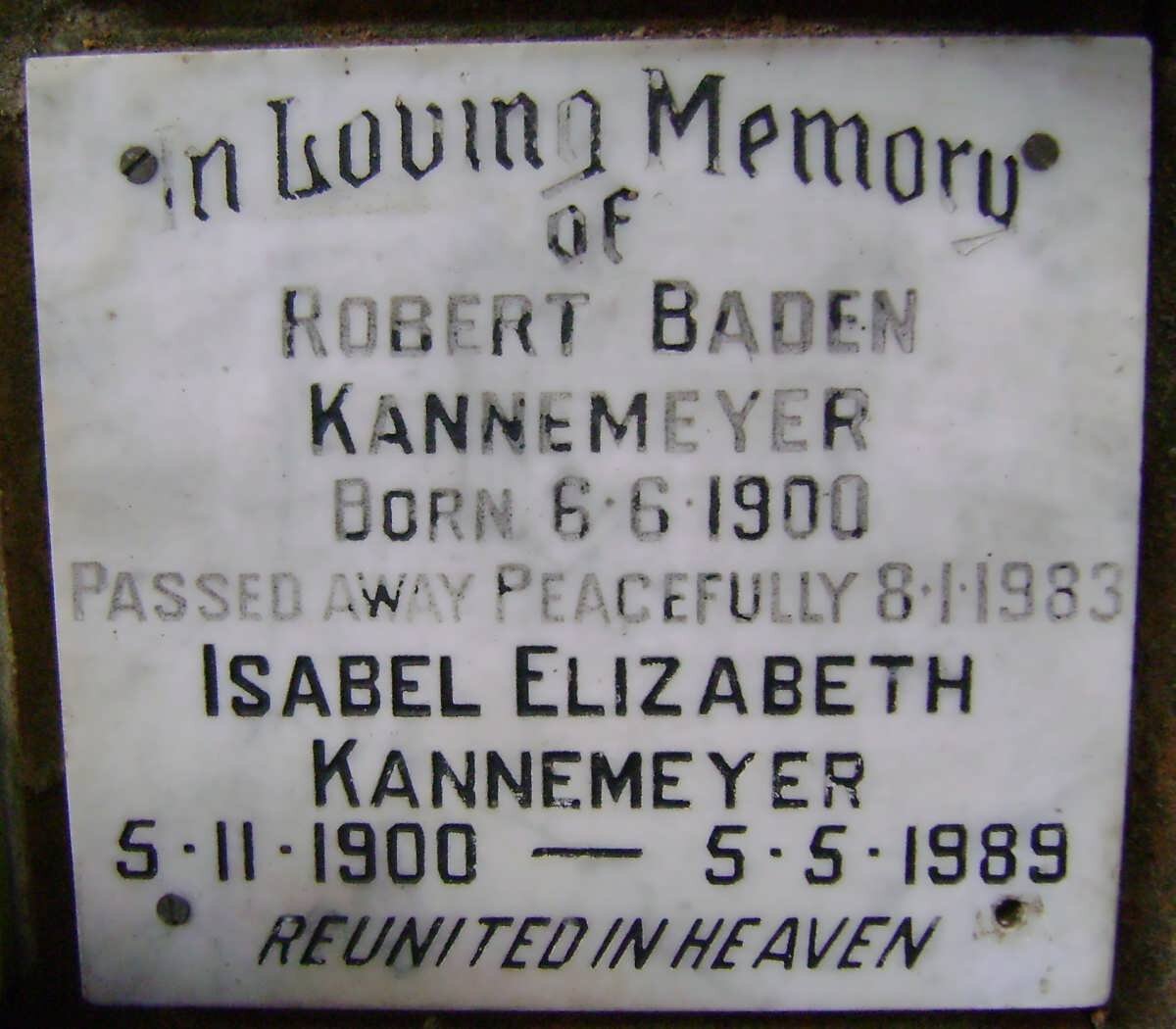 KANNEMEYER Robert Baden 1900-1983 &amp; Isabel Elizabeth 1900-1989