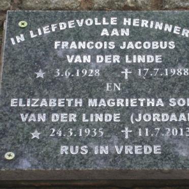LINDE Francois Jacobus, van der 1928-1988 &amp; Elizabeth Magrietha Sofya JORDAAN 1935-2013