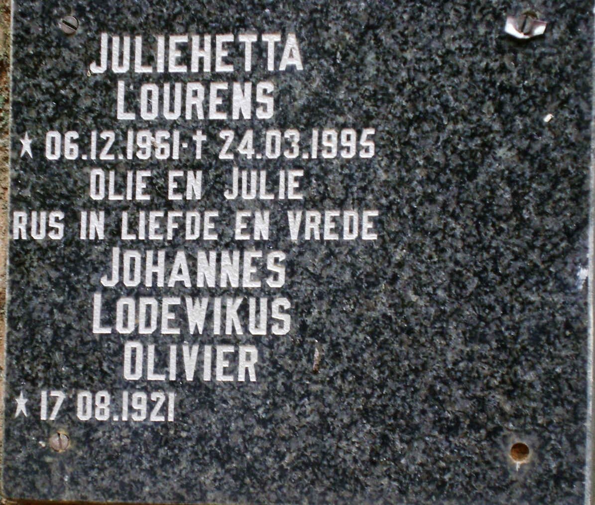 LOURENS Juliehetta 1961-1995 :: OLIVIER Johannes Lodewikus 1921-1995