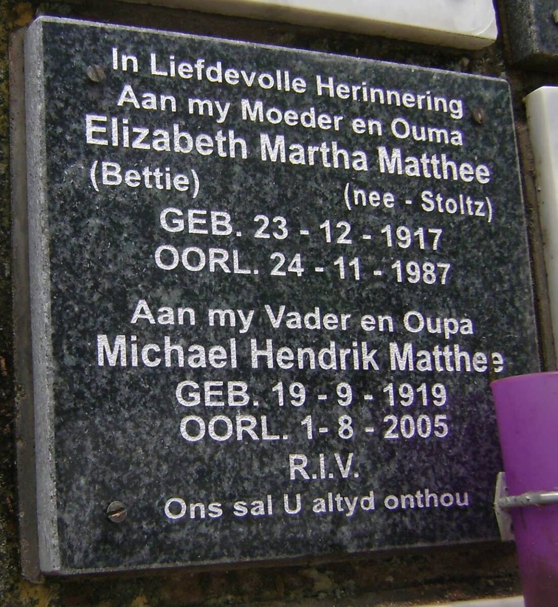 MATHEE Michael Hendrik 1919-2005 &amp; Elizabeth Martha STOLTZ 1917-1987