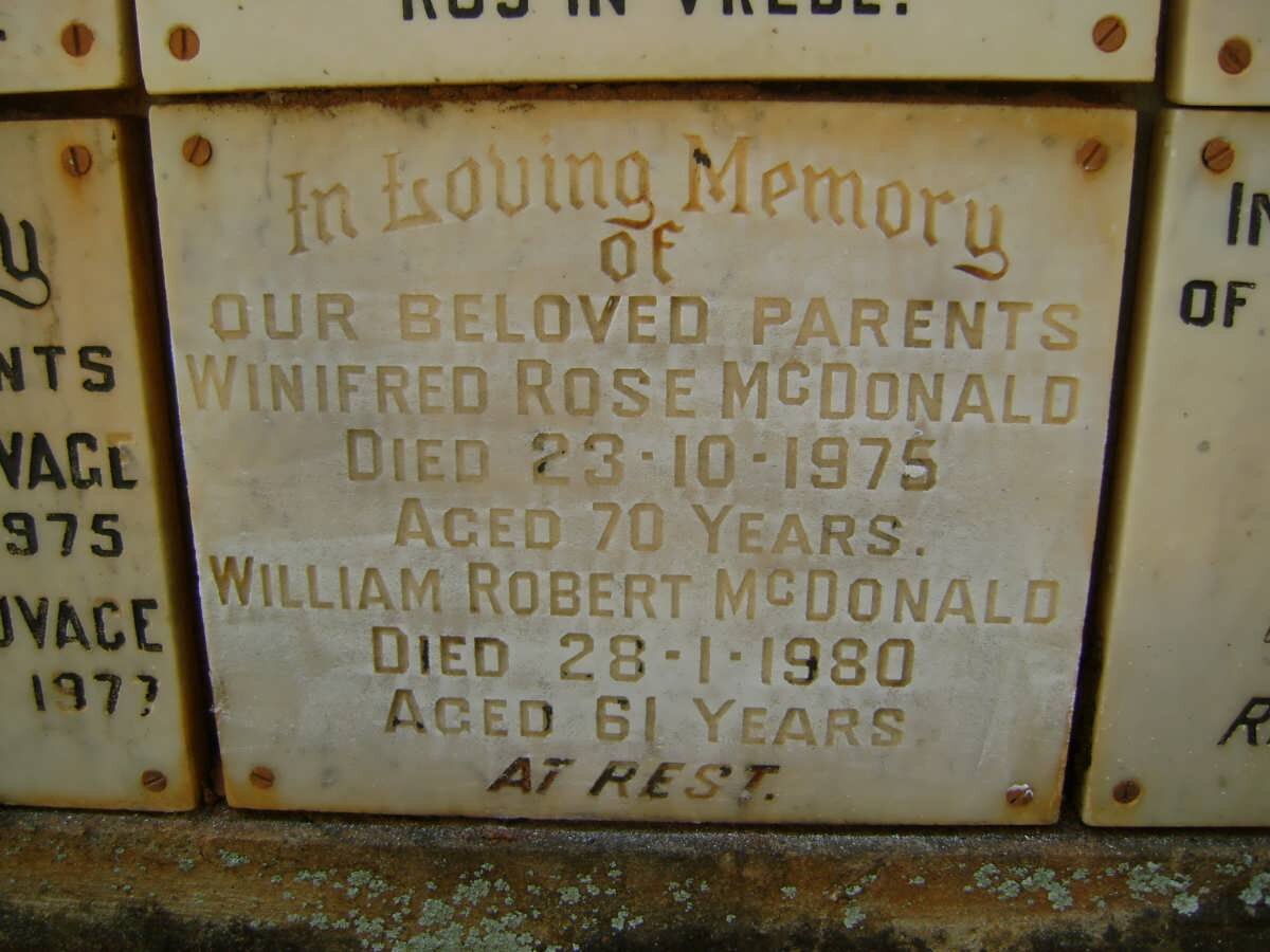 McDONALD William Robert -1980 &amp; Winifred Rose -1975