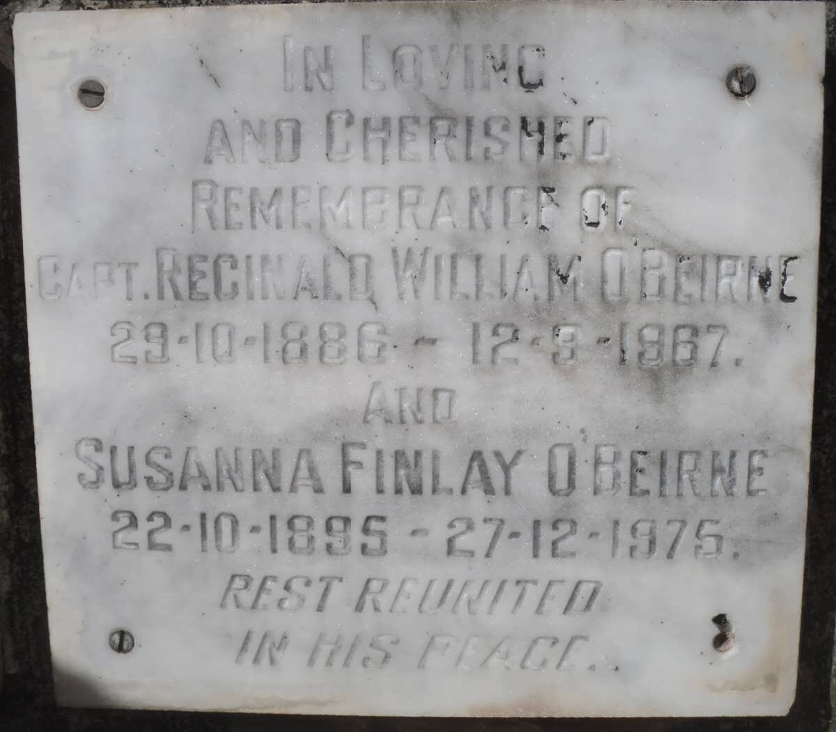 O'BEIRNE Reginald William 1886-1967 &amp; Susanna Finlay 1895-1975