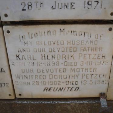 PETZER Karl Hendrik 1898-1972 &amp; Winifred Dorothy 1902-1982