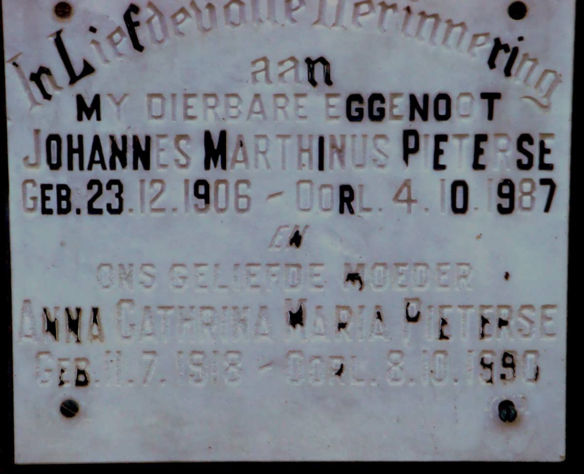 PIETERSE Johannes Marthinus 1906-1987 &amp; Anna Cathrina Maria 1918-1990
