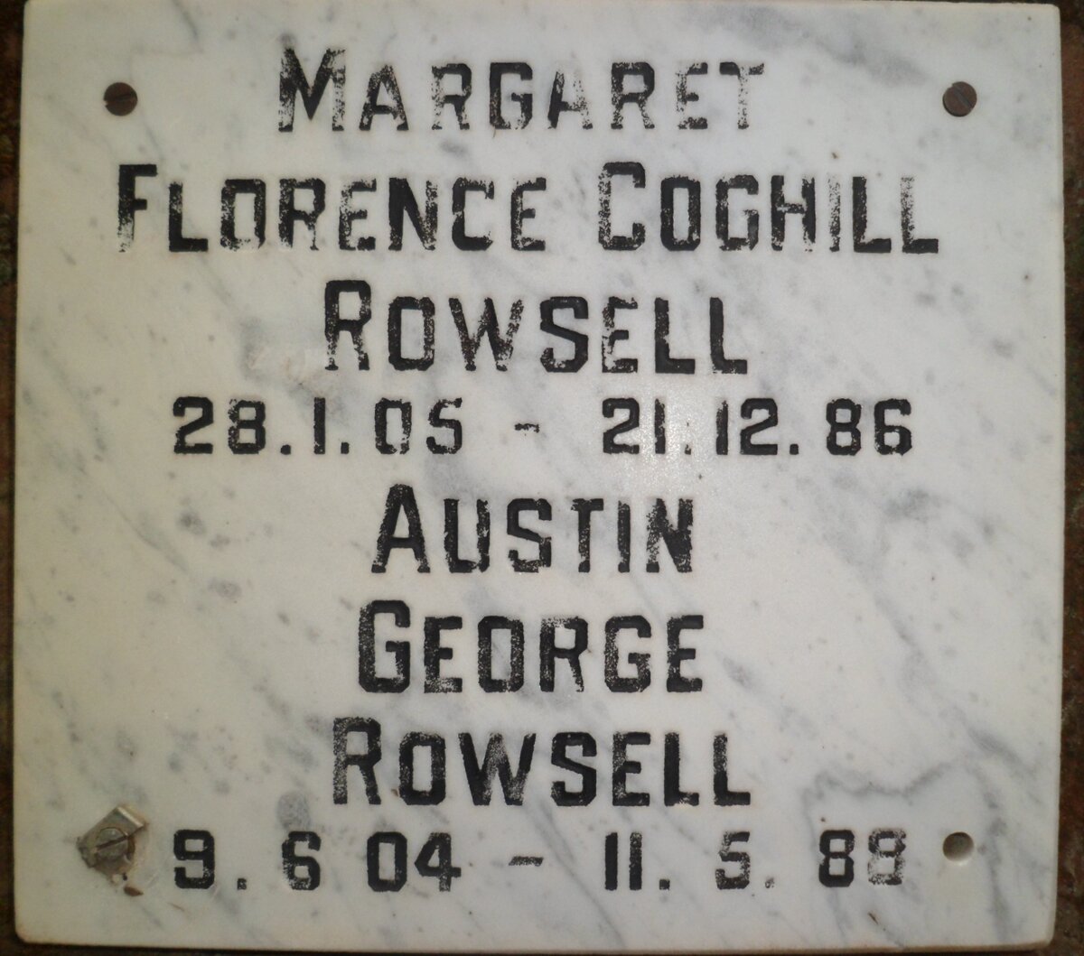 ROWSELL Austin George 1904-1989 &amp; Margaret Florence Coghill 1905-1986
