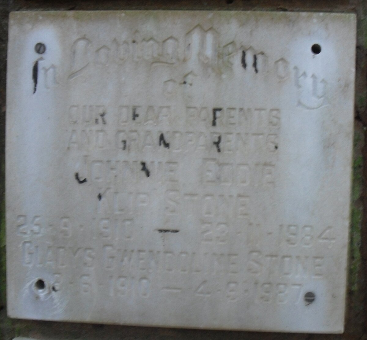 STONE Johnnie Eddie Klip 1910-1984 &amp; Gladys Gwendoline 1910-1987