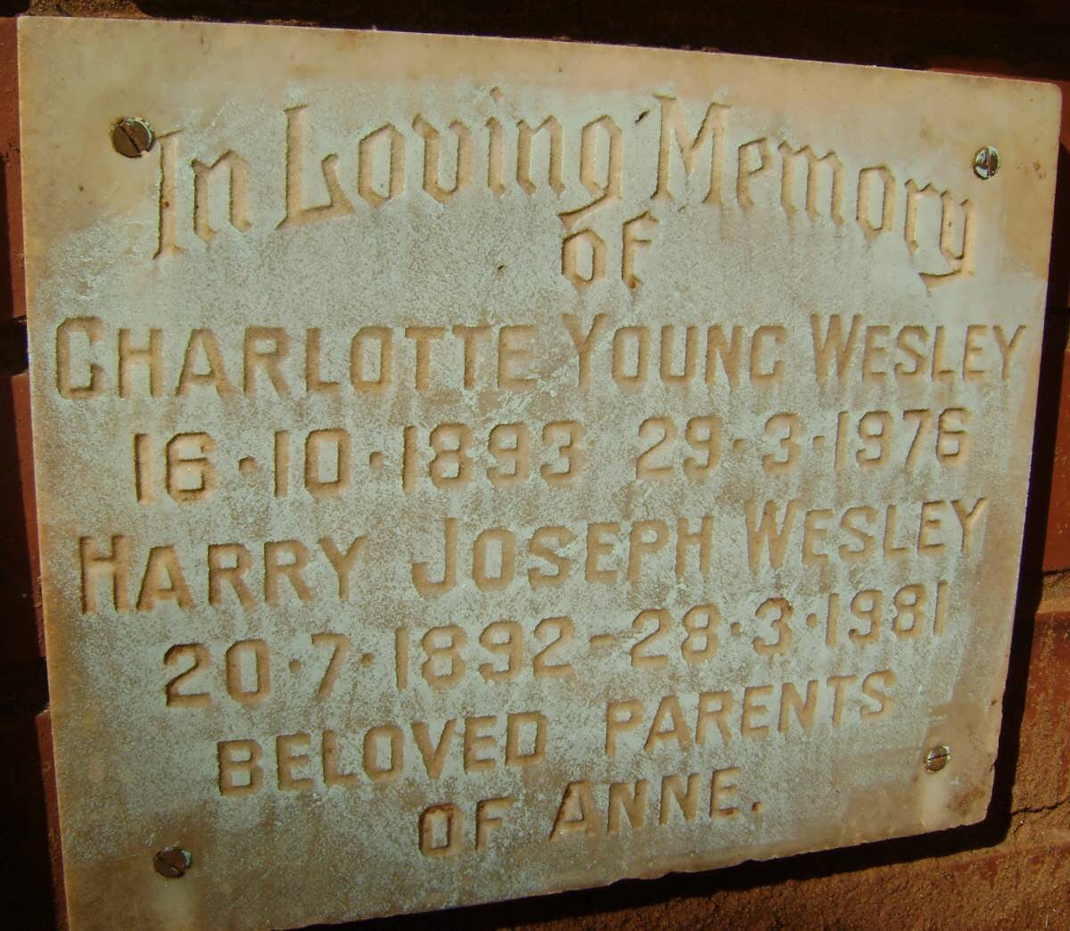 WESLEY Harry Joseph 1892-1981 &amp; Charlotte Young 1893-1976