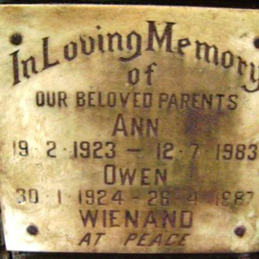 WIENAND Owen 1924-1987 &amp; Ann 1923-1983
