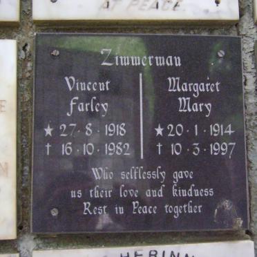 ZIMMERMAN Vincent Farley 1918-1982 &amp; Margaret Mary 1914-1997