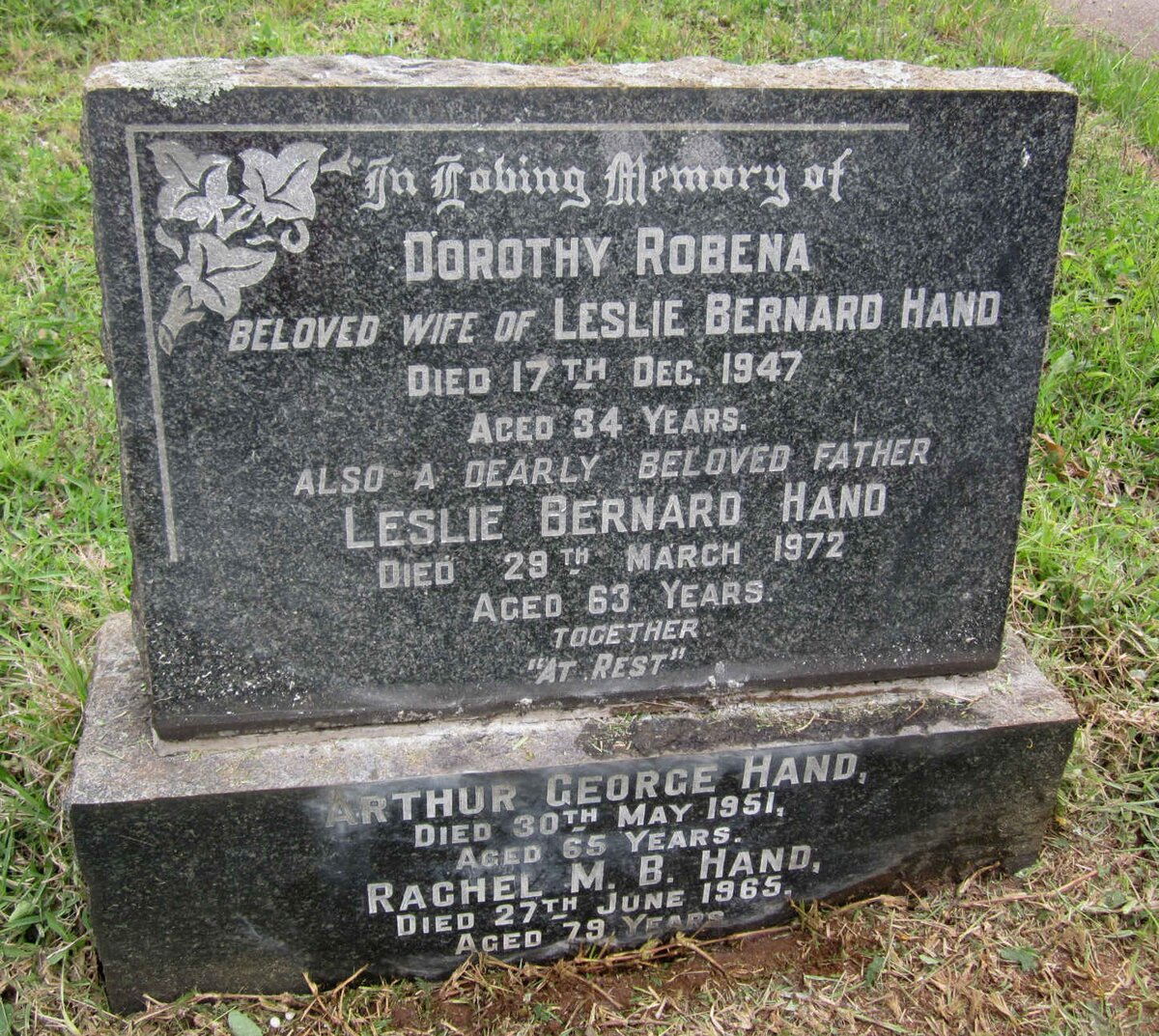 HAND Leslie Bernard -1972 &amp; Dorothy Robena -1947 :: HAND Arthur George -1951 :: Rachel M. B. -1965