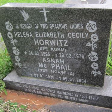 HORWITZ Helena Elizabeth Cecily nee KUMM 1895-1976 :: McPHAIL Asnah nee HORWITZ 1926-2004